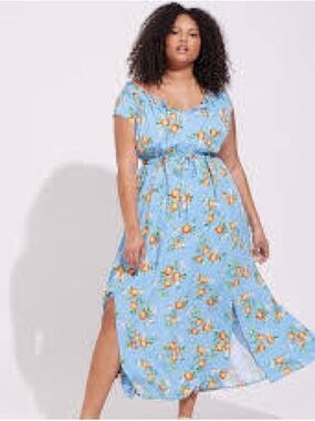 Torrid Light Blue Floral Orange Grove, textured Woven Maxi Dress w/ Tie Waist 0